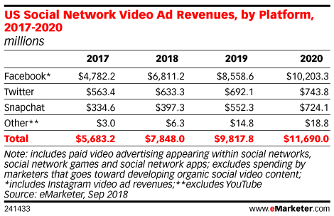 US Social Network Video Ad Revenues, by Platform, 2017-2020 (eMarketer)